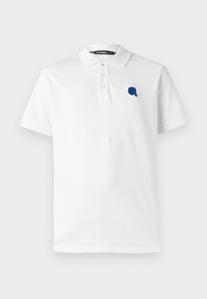 White polo shirt, cotton material, short sleeves, three-button placket, with a blue embroidered logo on the left chest.