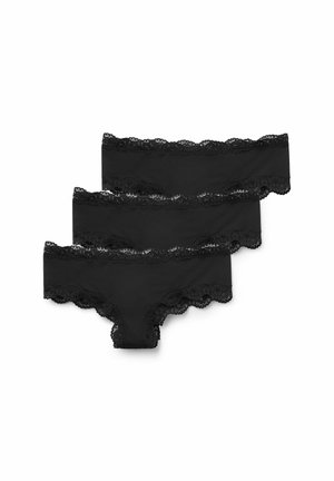 Schwarze Boyshort-Unterwäsche mit Spitzenbesatz, aus einem weichen Stoff gefertigt und mit gewellten Spitzenkanten, präsentiert in einem Set von drei.