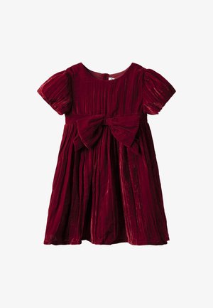 Samtiges, tiefrotes Kurzarmkleid mit Falten und einer großen Schleife an der Taille, entworfen für ein kleines Kind.