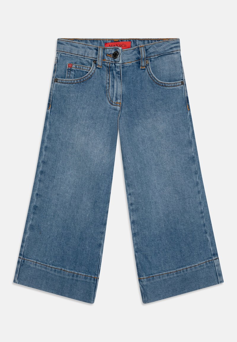 Světle modré džíny širokého střihu z denimu s knoflíkovým zapínáním, pěti kapsami a prošíváním podél pasu a lemů.