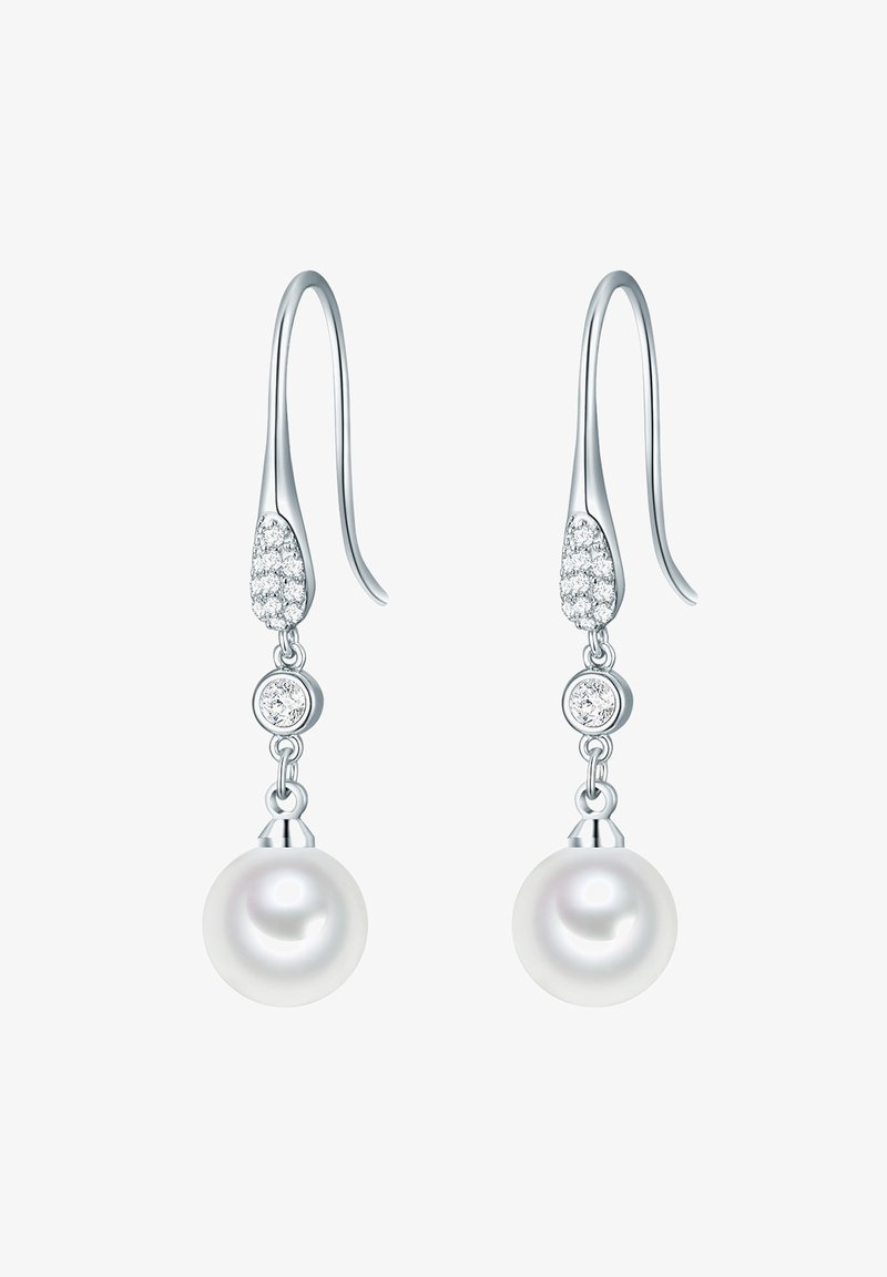 Srebrne viseće naušnice s okruglim bijelim biserima. Naglašene malim prozirnim kamenčićima iznad bisera, s elegantnim dizajnom kuka.