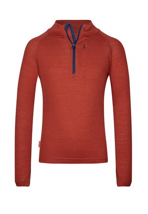 Langärmeliger Pullover in Rostfarbe mit marineblauem Halbreißverschluss, Stehkragen, Brusttasche und Daumenlöchern an den Ärmeln.