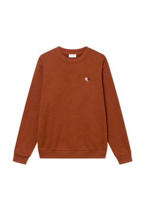 Rustfarbener Sweatshirt mit dezentem Strukturmuster, geripptem Rundhalskragen und besticktem Rosendetail auf der Brust. Lässige Passform.