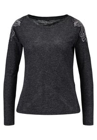 Maglione grigio scuro a maniche lunghe con scollo a barca e dettagli decorativi cuciti sulle spalle. Realizzato in un tessuto morbido e dal texture particolare.