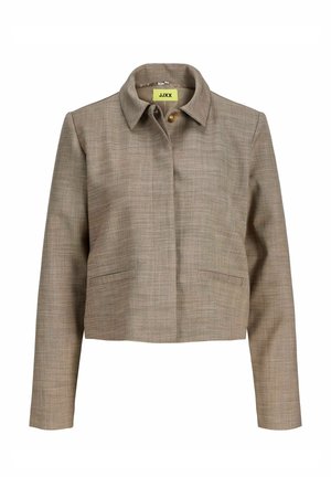 Braune, kurze Jacke mit Kragen, verdeckten vorderen Knöpfen und zwei vorderen Schlitz-Taschen, gefertigt aus strukturiertem Stoff.