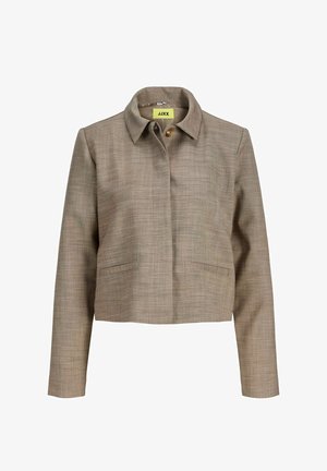 Braune, kurze Jacke mit Kragen, verdeckten vorderen Knöpfen und zwei vorderen Schlitz-Taschen, gefertigt aus strukturiertem Stoff.