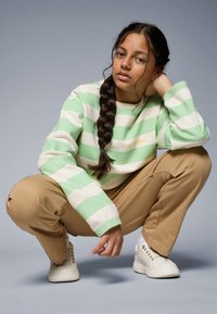 Grønn og hvit stripete genser med lange ermer, beige bukser og hvite sneakers. Merknader inkluderer gyllen broderi på genseren.