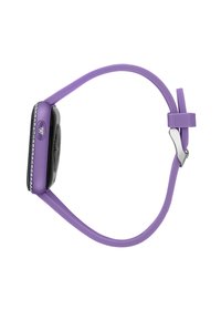 Orologio smartwatch in gomma viola con quadrante nero circolare, decorato con piccole pietre trasparenti lungo il bordo, dotato di una chiusura in argento.