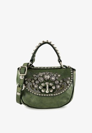 Borsa a tracolla in pelle verde scuro con borchie floreali argentate, rivetti e chiusura, dotata di manico borchiato e tracolla regolabile.