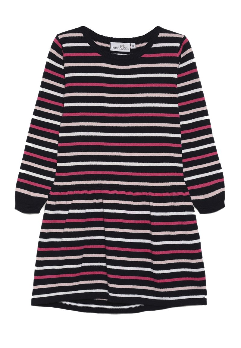 Robe à manches longues pour filles avec des rayures horizontales noires, blanches, roses et rose clair et une taille froncée.
