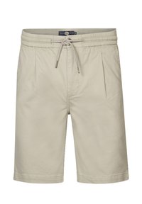 Beige katoenen shorts met een elastische tailleband, trekkoordsluiting en twee voorzakken. Gladde textuur en knielang ontwerp.