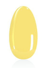 Gelbe Nagellack in glänzender Ausführung, mit einer länglichen Tropfenform und glatter Textur. Reflektierende Glanzlichter auf der Oberfläche sichtbar.