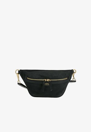 Ceinture en suède noir avec une fermeture éclair en or et des accessoires en or, sangle ajustable, et poche zippée à l'avant.