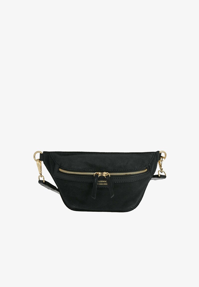 Ceinture en suède noir avec une fermeture éclair en or et des accessoires en or, sangle ajustable, et poche zippée à l'avant.