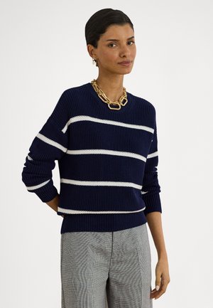 STRIPED RIB KNIT COTTON CREWNECK SWEATER - Pullover - refined navy/white