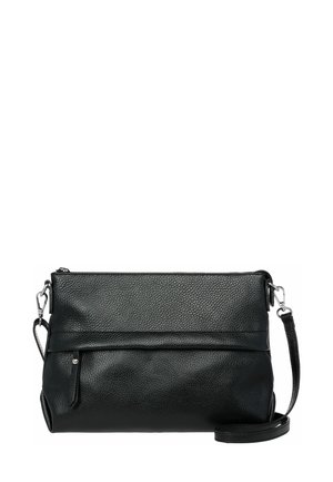 Schwarze Leder-Crossbody-Tasche mit strukturiertem Finish, schlankem Profil, Reißverschluss und verstellbarem Trageriemen. Verfügt über eine Fronttasche zur Aufbewahrung.