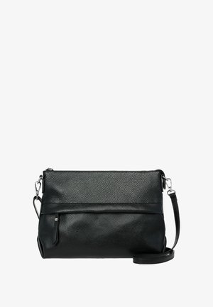 Black leather crossbody bag with textured finish, slim profile, zip closure, and adjustable strap. Features a front pocket for storage.