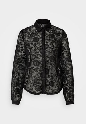 Black lace blouse with long sleeves, button-down front, floral pattern, and a collared neckline. Sheer fabric with textured detailing.