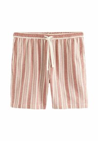 Striped swim shorts in pale pink and white. Elastic waistband with a drawstring. Soft, textured fabric with vertical lines.