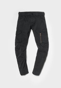 Zwarte cargobroek van duurzame stof, met meerdere zakken, een ritszak aan de zijkant en een slim fit ontwerp.