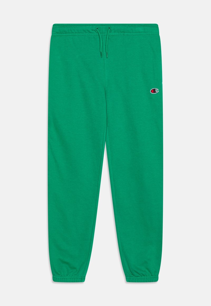 Pantaloni sportivi verdi con polsini e fascia in vita elasticizzati, chiusura con coulisse e piccolo logo Champion sulla coscia sinistra.