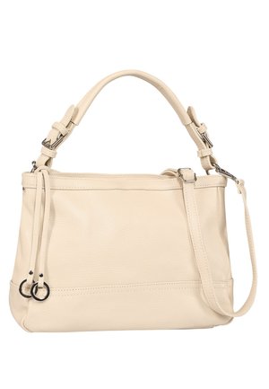 Cremfarbener Lederhandtasche mit verstellbarem Schultergurt, doppelten Griffen und silbernen Metallring-Akzenten an den Reißverschluss-Zippern.
