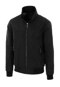 Giacca bomber leggera nera con collo alto, zip frontale e tasche laterali. Presenta polsini e orlo a costine. Texture liscia.