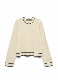 Īss krēmkrāsas džemperis ar melnu apmali. Garas piedurknes un apaļa kakla izgriezums. Gluda tekstūra ar piegulošu formu un smalkām šūšanas detaļām.