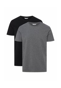 Two crew neck t-shirts in black and heather gray. Made of soft fabric with short sleeves and a regular fit design.