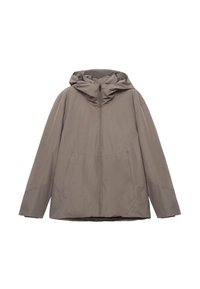 Chaqueta ligera con capucha en tono taupe apagado, que presenta un cierre frontal completo, bolsillos laterales y una textura suave con un diseño minimalista.