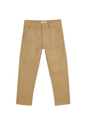 Pantalones caqui hechos de una mezcla de algodón, con cierre de botón, bolsillos frontales, piernas rectas y una textura suave.