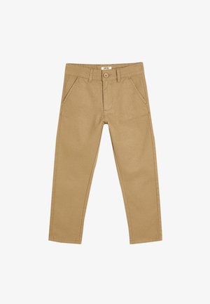 Khaki bukser lavet af en bomuldsblanding, med knaplukning, frontlommer, lige ben og en glat overflade.