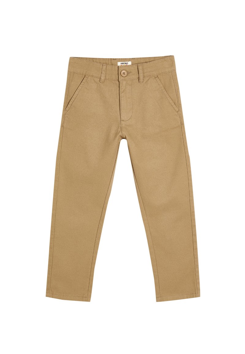 Pantalones caqui hechos de una mezcla de algodón, con cierre de botón, bolsillos frontales, piernas rectas y una textura suave.