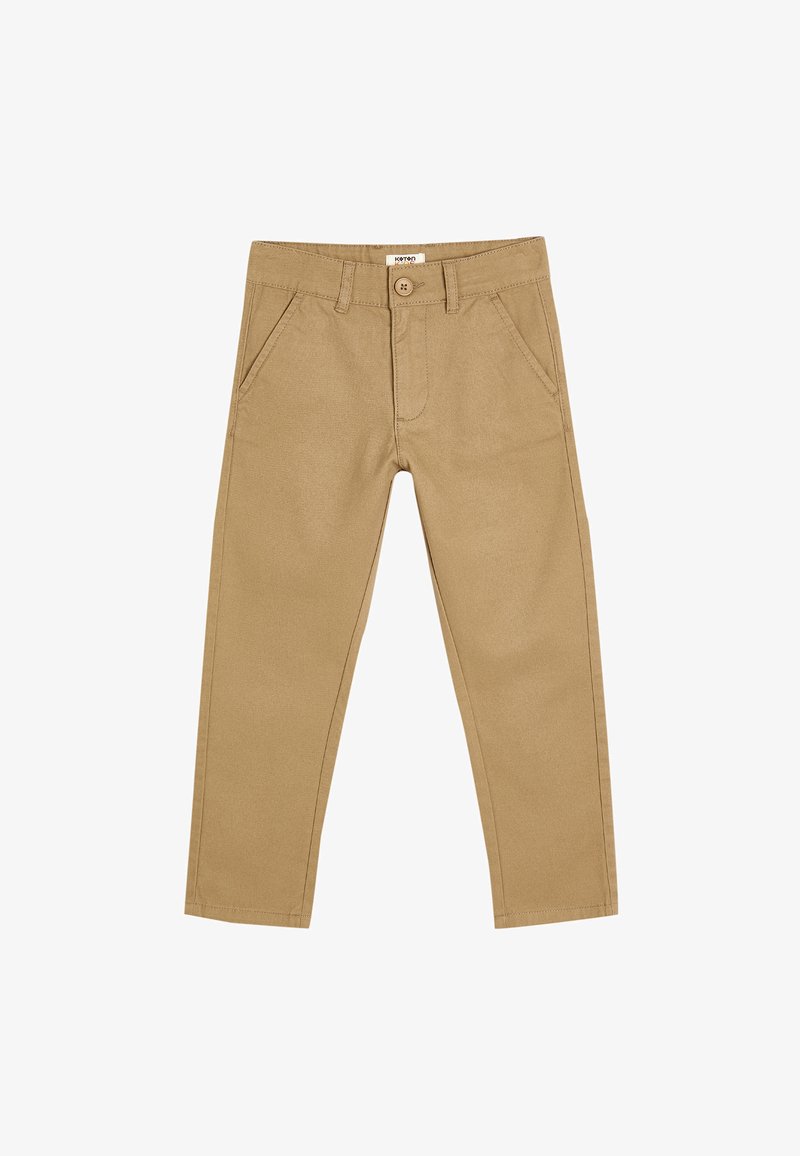 Khaki bukser lavet af en bomuldsblanding, med knaplukning, frontlommer, lige ben og en glat overflade.