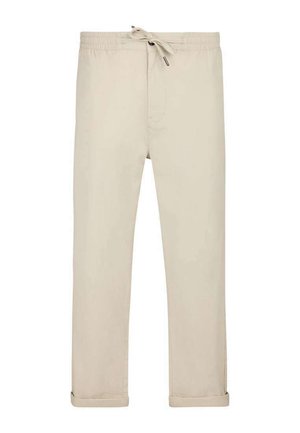 Pantalon beige décontracté avec taille élastique, cordon ajustable et ourlets retroussés.