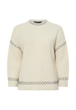 Cremefarbener Strickpullover mit Rundhalsausschnitt, der graue Kreuzstichmuster an Ärmeln und Saum aufweist.