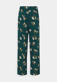 Spodnie w szerokim kroju z nadrukiem kwiatowym w ciemnozielonym kolorze, zdobione misternymi wzorami motyli i kwiatów w odcieniach złota i bieli. Elastyczny pas.