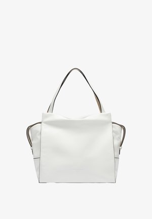 Weiße Kunstleder-Tote mit strukturiertem Design, abgerundetem Oberteil und glatter Textur. Verfügt über einen dunklen Besatz und Schulterträger.