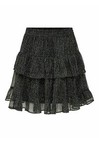Gonna nera a strati realizzata con un tessuto leggero, caratterizzata da un motivo a pois in vari colori. Vita elastica e dettagli con orlo arricciato.