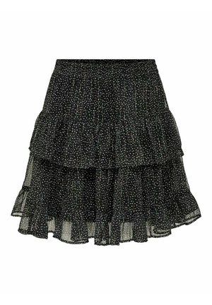 Jupe noire à volants en tissu léger, avec un motif à pois de différentes couleurs. Taille élastique et détails de bordure froncée.