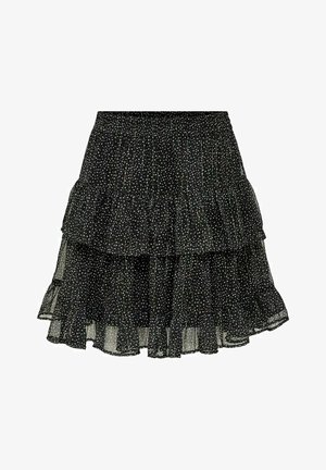Jupe noire à volants en tissu léger, avec un motif à pois de différentes couleurs. Taille élastique et détails de bordure froncée.