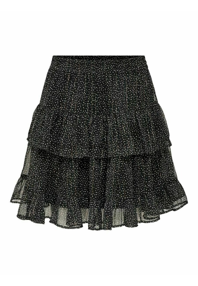 Gonna nera a strati realizzata con un tessuto leggero, caratterizzata da un motivo a pois in vari colori. Vita elastica e dettagli con orlo arricciato.