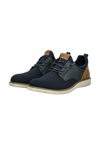 Scarpe in rete blu navy con dettagli in pelle scamosciata, punta rotonda e suola leggera beige a contrasto; le caratteristiche includono lacci e dettagli perforati sui lati.