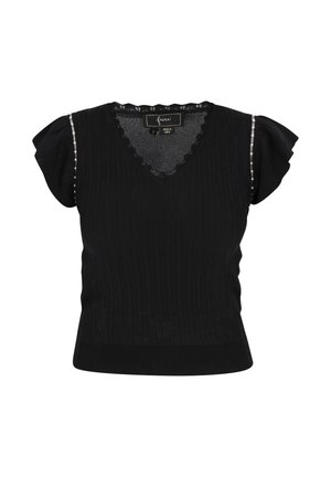 Czarny prążkowany sweter z dekoltem w kształcie V, falbaniastym wykończeniem i krótkimi bufkami, z perłowymi akcentami wzdłuż szwów na ramionach.