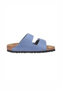 Sandali in pelle blu con due ampie cinghie, plantare in sughero e suola in gomma nera texturizzata. Presenta il logo del marchio sul lato.