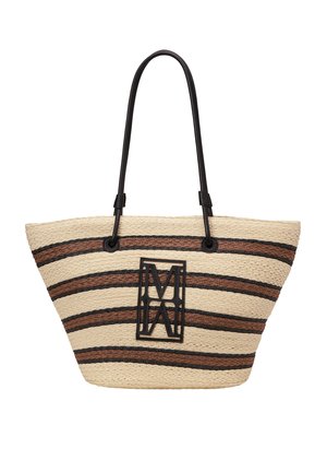 Sac cabas en paille tissée avec des rayures horizontales noires et marron et des poignées en cuir noir, présentant un logo "MAX" encadré noir au centre avant.