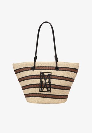 Sac cabas en paille tissée avec des rayures horizontales noires et marron et des poignées en cuir noir, présentant un logo "MAX" encadré noir au centre avant.
