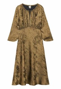 Robe à manches longues, en matière bronze métallique, de forme évasée. Dotée d'un col rond, de détails froncés au niveau de la poitrine et d'une surface lisse et texturée.