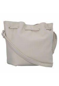 Weiche beige Leder-Umhängetasche mit strukturierter Oberfläche, verstellbarem Riemen und gerafftem oberen Teil mit Kordelzug-Detail.