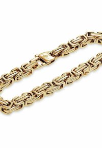 Bracciale in metallo dorato con anelli rettangolari intrecciati e chiusura sicura, dotato di una finitura lucida e dettaglio del logo del marchio.